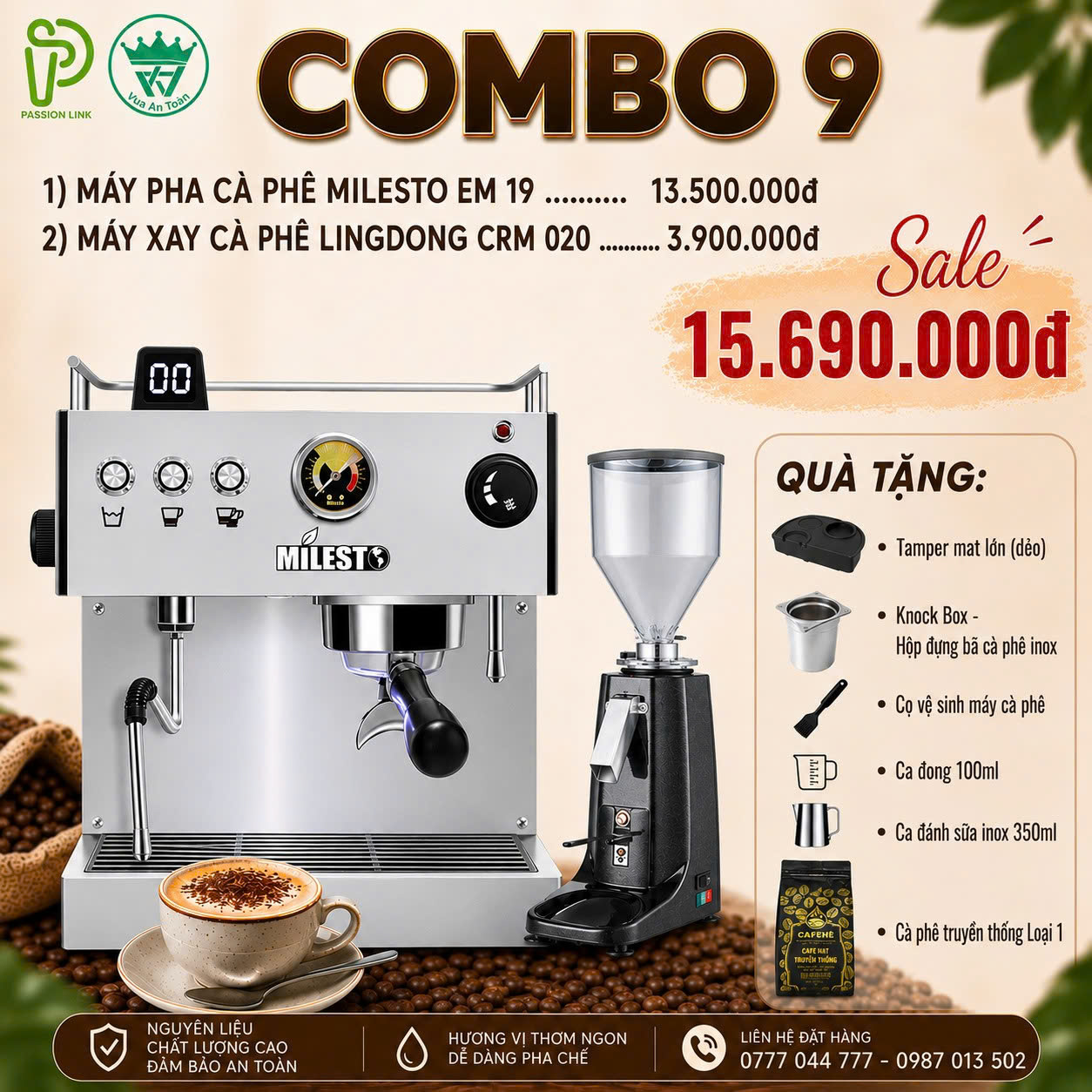COMBO 9 MÁY PHA CÀ PHÊ MILESTO EM 19 + MÁY XAY CAFE CRM 020