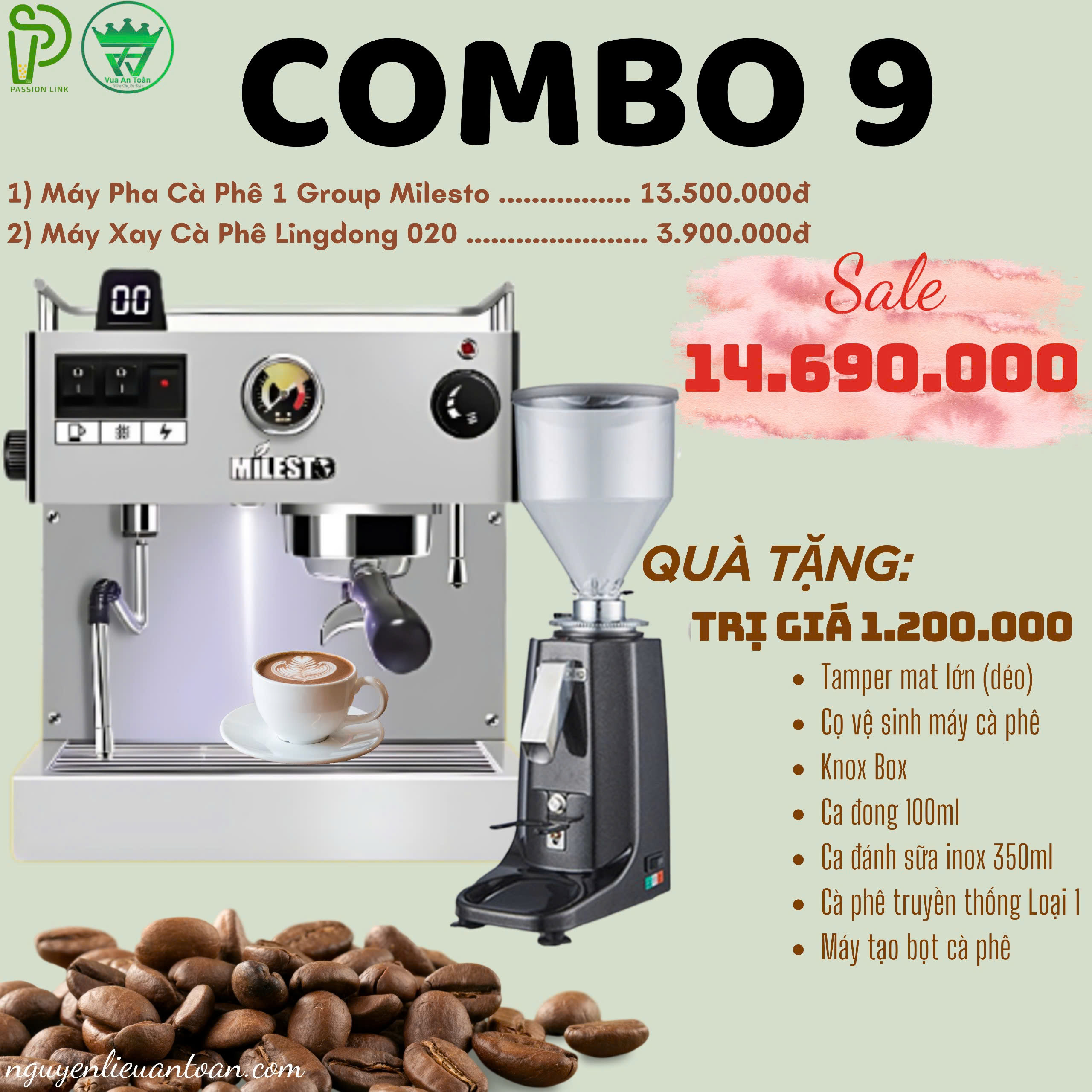 COMBO 9 MÁY PHA CÀ PHÊ MILESTO - EM 19 + MÁY XAY CAFE CRM 020